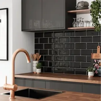 Mini Metro Bevelled Black Gloss Ceramic Wall Tile 75x150mm