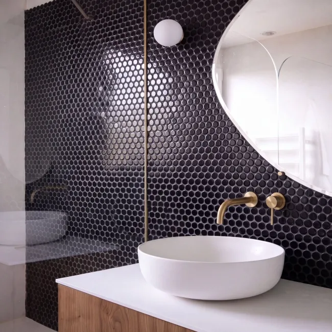 Black Gloss Porcelain Penny Round Mosaic 294x315mm