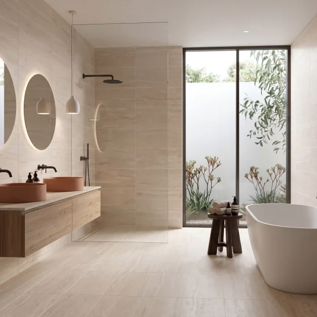 Portland Beige Vein Cut Travertine Look Matt Porcelain Tile 300x600mm
